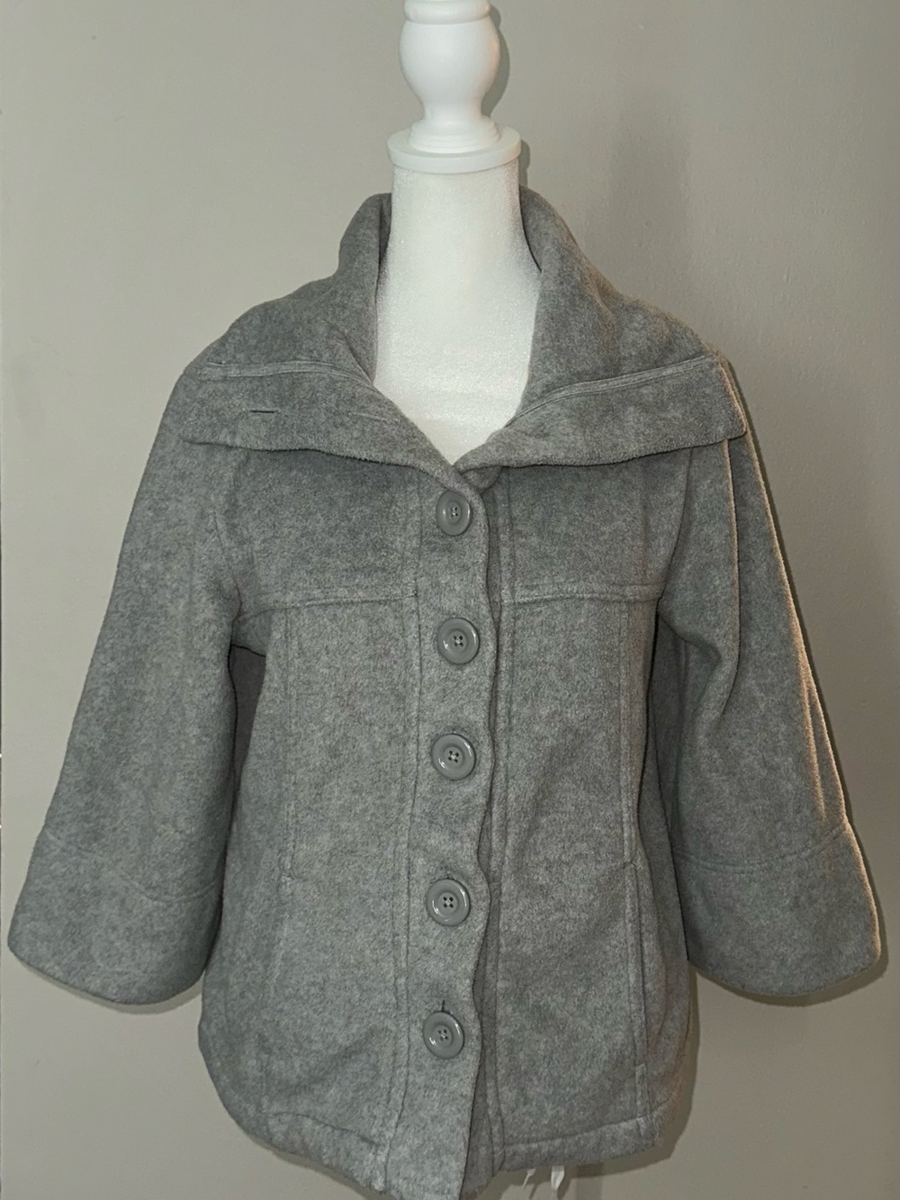 Girls' Light Gray Button-Front Pea Coat with Wide Collar